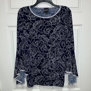 Coco Bianco Navy Floral Blouse with Bell Sleeves Size Medium
